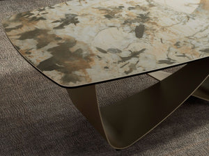 Oval coffee table with porcelain marble and taupe metallic steel barrel