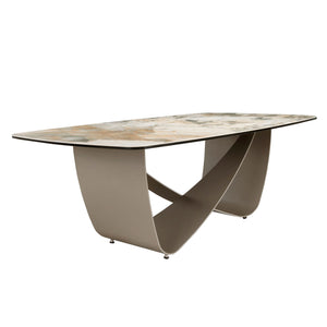 Oval coffee table with porcelain marble and taupe metallic steel barrel
