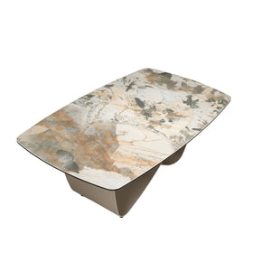 Oval coffee table with porcelain marble and taupe metallic steel barrel
