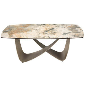 Oval coffee table with porcelain marble and taupe metallic steel barrel