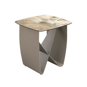 Square corner table in porcelain marble and metallic taupe steel