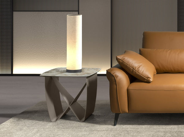Square corner table in porcelain marble and metallic taupe steel