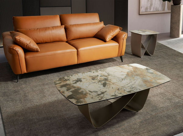 Square corner table in porcelain marble and metallic taupe steel