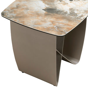 Square corner table in porcelain marble and metallic taupe steel
