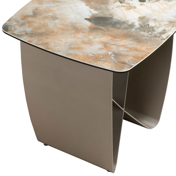 Square corner table in porcelain marble and metallic taupe steel