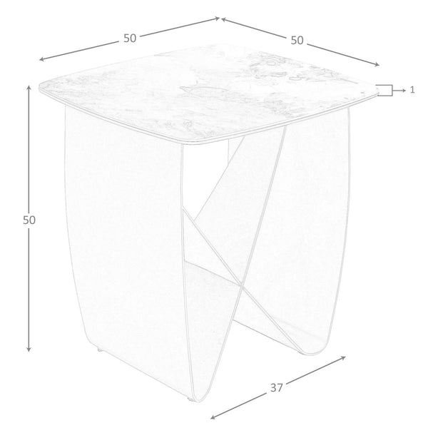 Square corner table in porcelain marble and metallic taupe steel