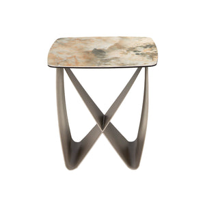 Square corner table in porcelain marble and metallic taupe steel