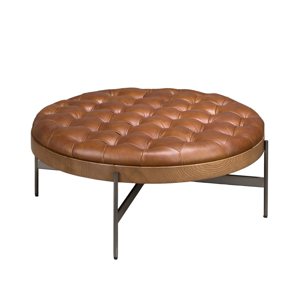 Round coffee table in dark brown leather, walnut and dark steel
