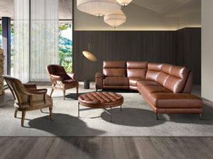 Round coffee table in dark brown leather, walnut and dark steel