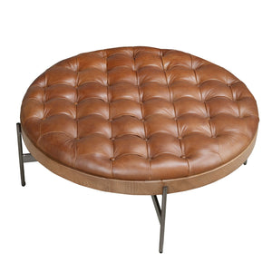 Round coffee table in dark brown leather, walnut and dark steel