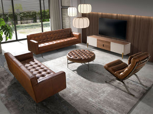 Round coffee table in dark brown leather, walnut and dark steel