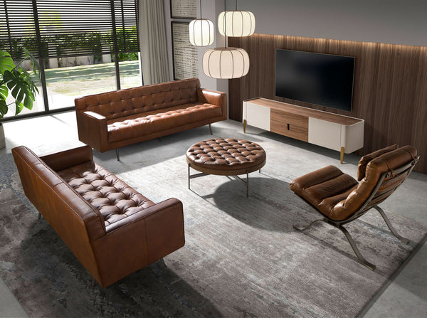 Round coffee table in dark brown leather, walnut and dark steel
