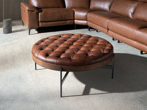 Round coffee table in dark brown leather, walnut and dark steel