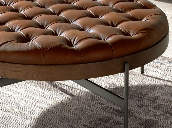 Round coffee table in dark brown leather, walnut and dark steel