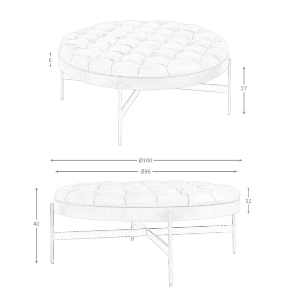 Round coffee table in dark brown leather, walnut and dark steel