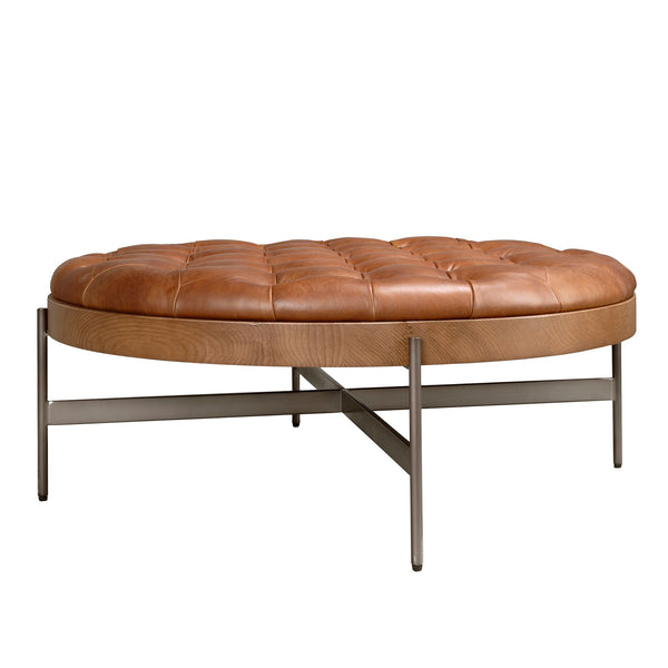 Round coffee table in dark brown leather, walnut and dark steel