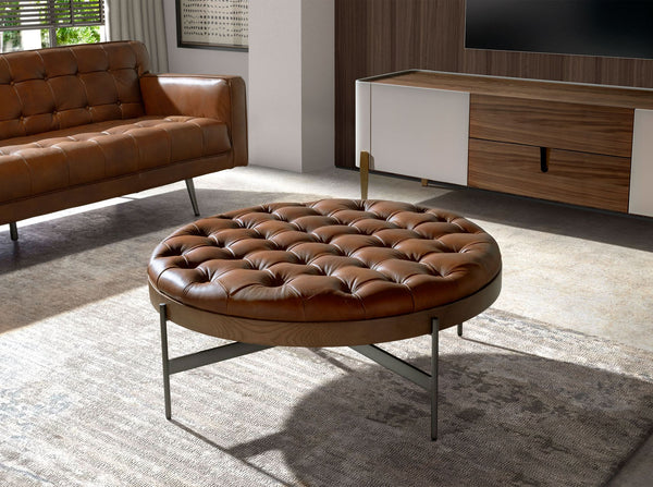 Round coffee table in dark brown leather, walnut and dark steel