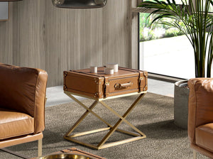 Rectangular corner table in leather and gold steel