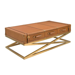 Rectangular coffee table in leather and gold steel