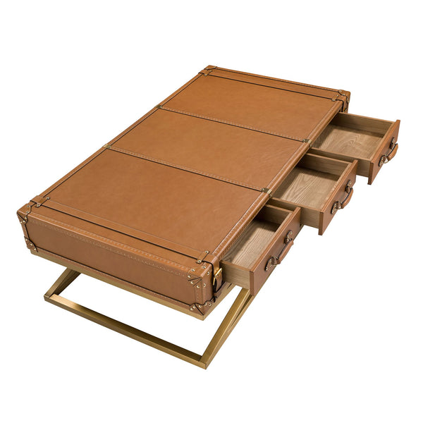 Rectangular coffee table in leather and gold steel
