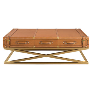 Rectangular coffee table in leather and gold steel