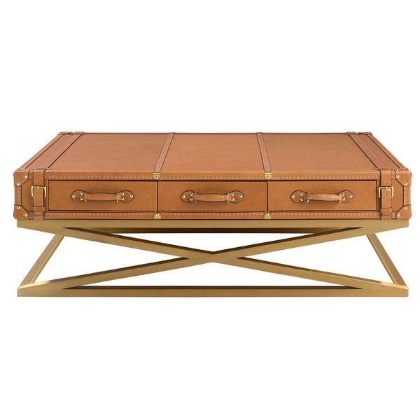 Rectangular coffee table in leather and gold steel