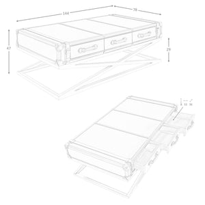 Rectangular coffee table in leather and gold steel