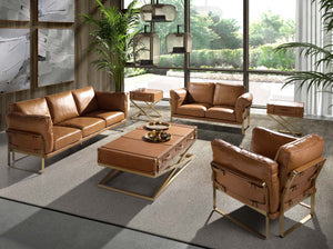 Rectangular coffee table in leather and gold steel