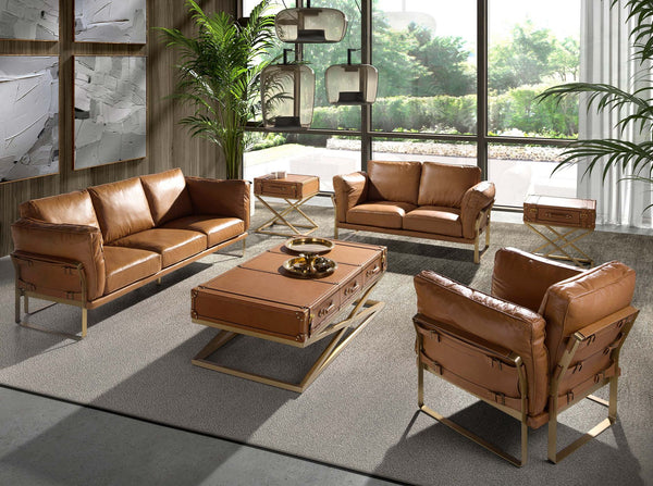 Rectangular coffee table in leather and gold steel