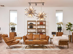 Rectangular coffee table in leather and gold steel