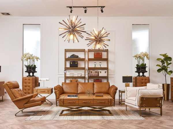 Rectangular coffee table in leather and gold steel