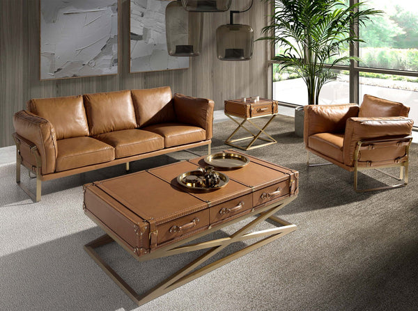 Rectangular coffee table in leather and gold steel