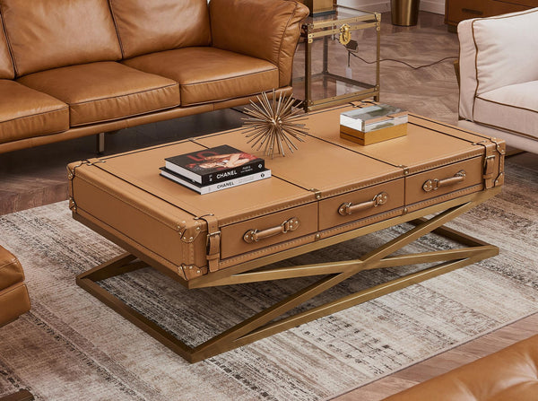 Rectangular coffee table in leather and gold steel