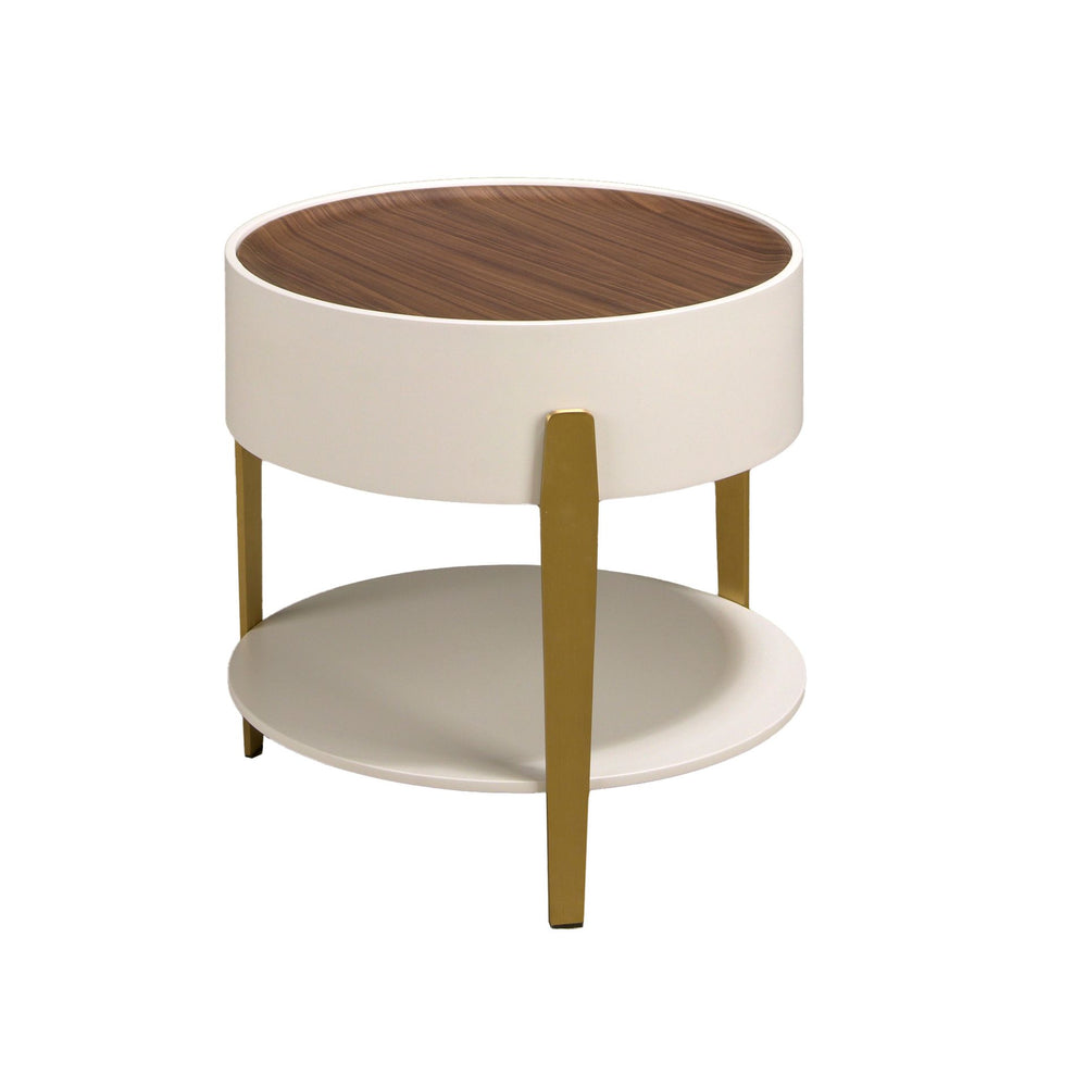 Round side table in walnut, beige wood and gold polished steel