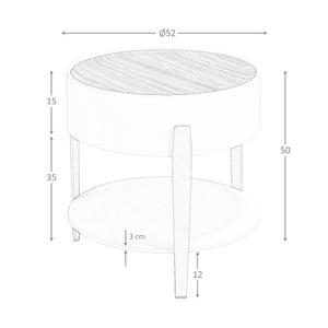 Round side table in walnut, beige wood and gold polished steel