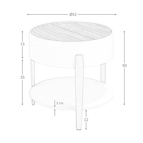 Round side table in walnut, beige wood and gold polished steel