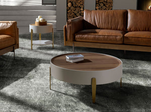 Round side table in walnut, beige wood and gold polished steel
