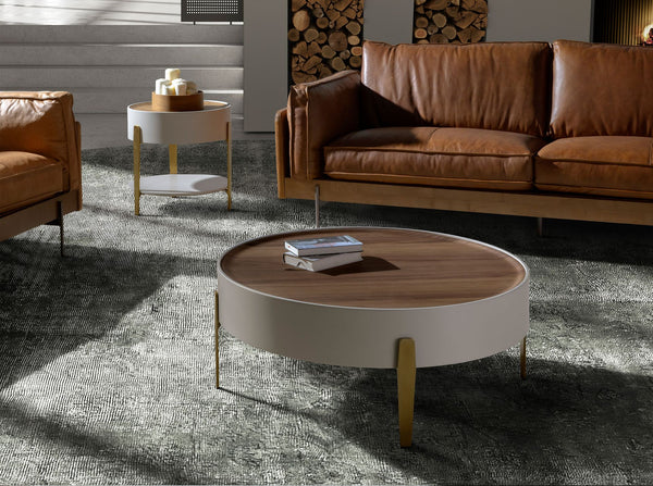 Round side table in walnut, beige wood and gold polished steel