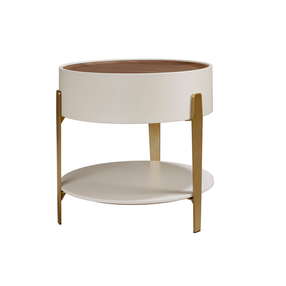Round side table in walnut, beige wood and gold polished steel