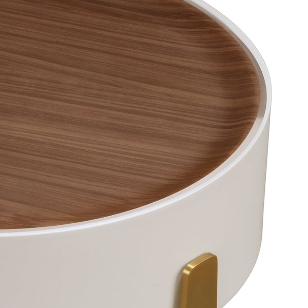 Round side table in walnut, beige wood and gold polished steel