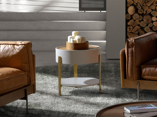 Round side table in walnut, beige wood and gold polished steel
