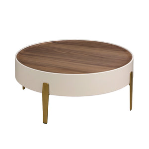 Round coffee table in walnut, beige wood and gold polished steel