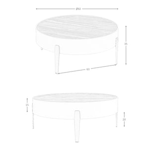 Round coffee table in walnut, beige wood and gold polished steel