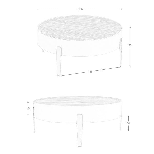 Round coffee table in walnut, beige wood and gold polished steel