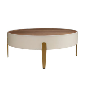 Round coffee table in walnut, beige wood and gold polished steel
