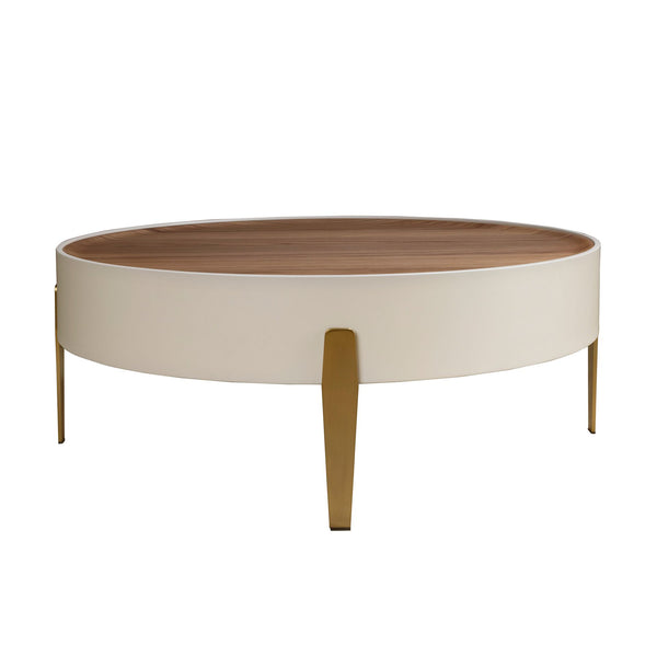 Round coffee table in walnut, beige wood and gold polished steel