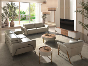 Round coffee table in walnut, beige wood and gold polished steel