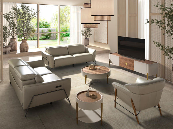 Round coffee table in walnut, beige wood and gold polished steel