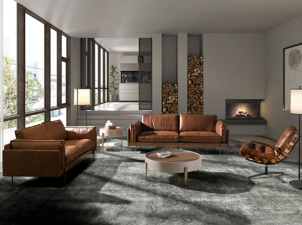 Round coffee table in walnut, beige wood and gold polished steel