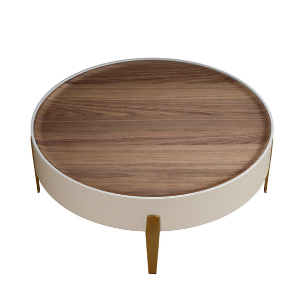 Round coffee table in walnut, beige wood and gold polished steel